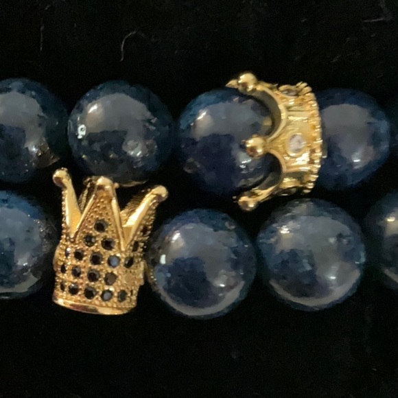 Hand Crafted Couple’s 2 Bracelets Blue Gemstone Pave King Queen Crown Rhinestone - Picture 2 of 11